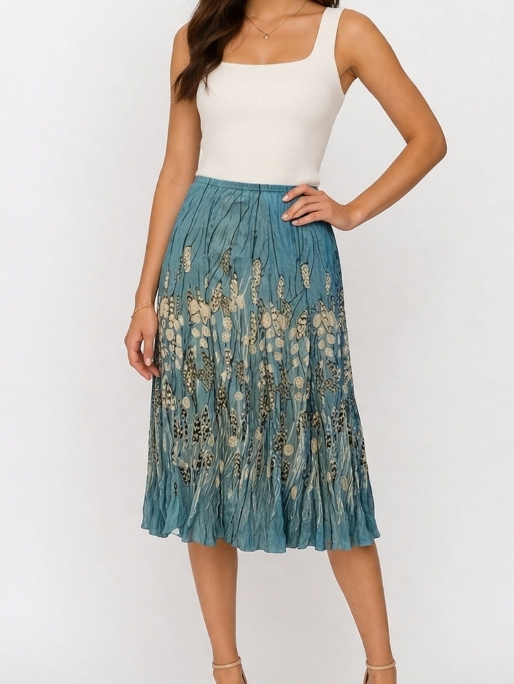 RAFAEL Blue Feather Leaves Crinkle Chiffon Fairycore Skirt